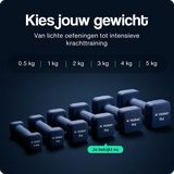 Blauwe neopreen dumbbells; 3 kg geselecteerd in gewichtenrij