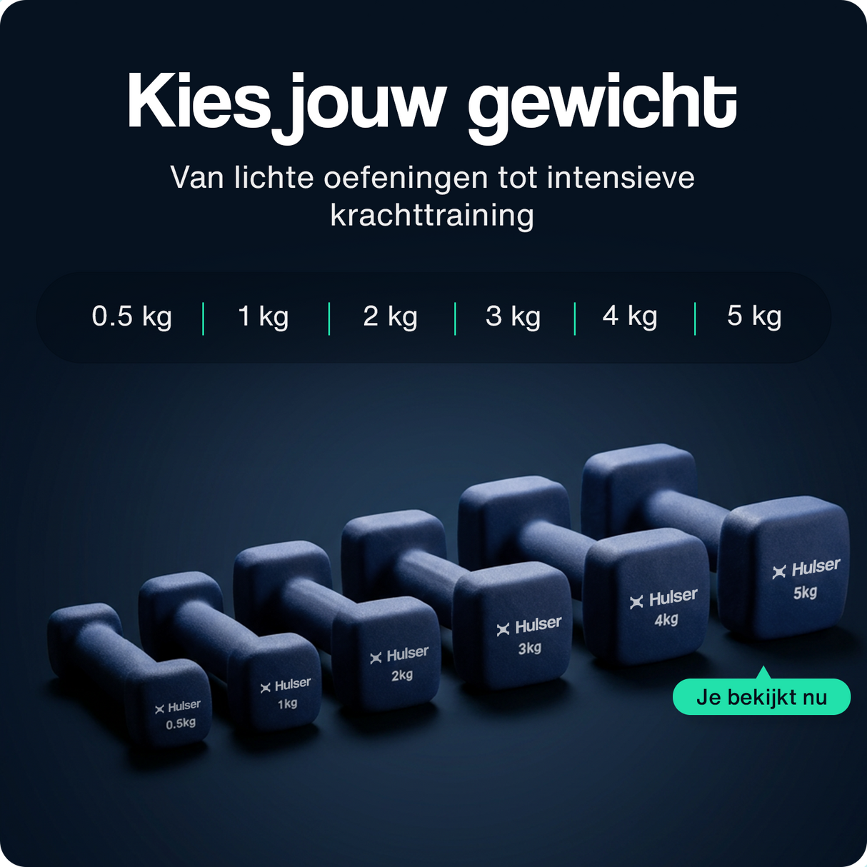 Rij donkerblauwe neopreen dumbbells met gewichtsaanduiding.
