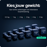 Rij donkerblauwe neopreen dumbbells met gewichtsaanduiding.