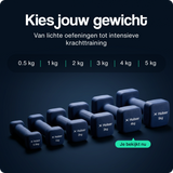 Blauwe neopreen dumbbells met gewichtsopdruk, set in meerdere stapelbare gewichten