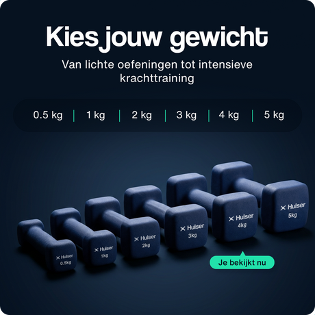 Blauwe neopreen dumbbells met gewichtsopdruk, set in meerdere stapelbare gewichten
