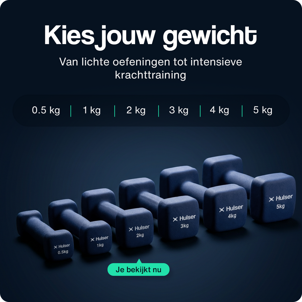 Reeks blauwe neopreen dumbbells met gewichten, waaronder 2 kg