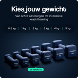 Reeks blauwe neopreen dumbbells met gewichten, waaronder 2 kg