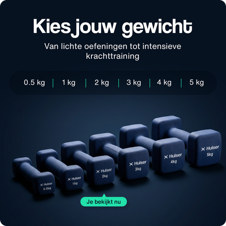 Reeks blauwe neopreen dumbbells met gewichten, waaronder 2 kg