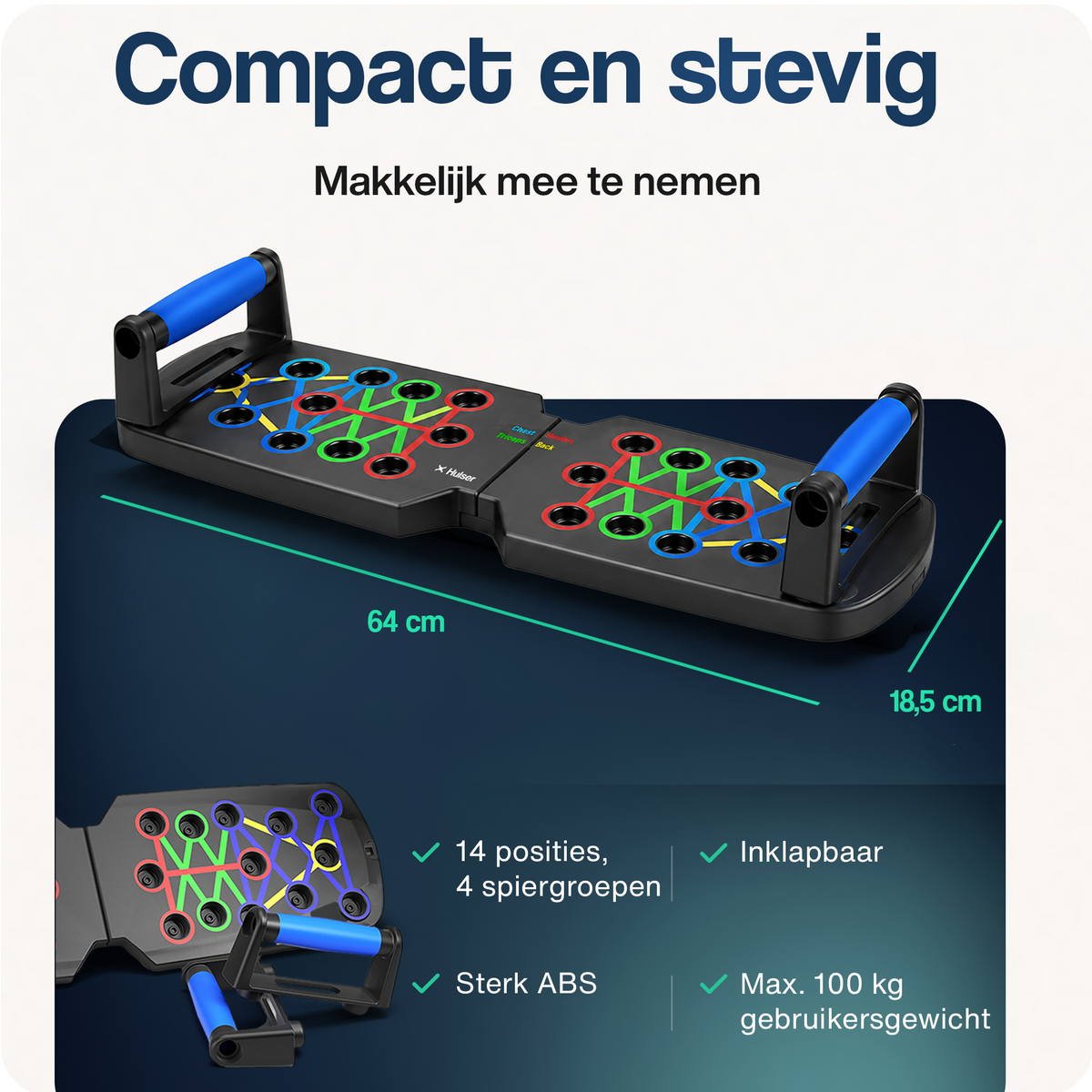 Push-up bord met 14 posities en inklapbare handvatten, compact en robuust