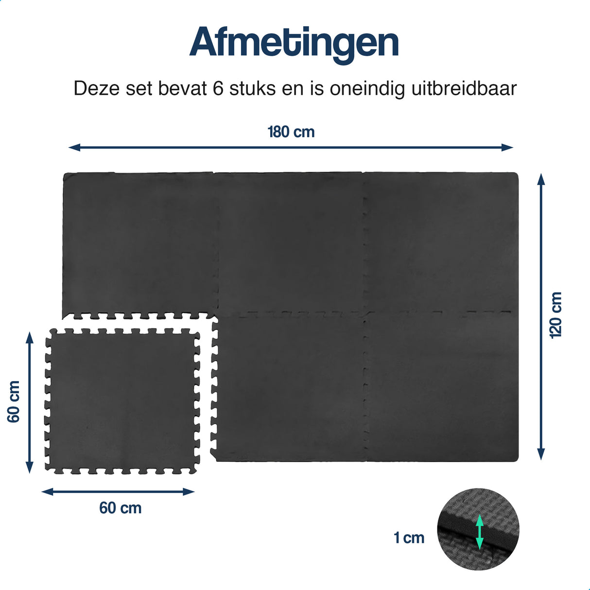 Puzzelmat - 60 x 60 x 1,2 cm - 6 stuks - 2,16 m2
