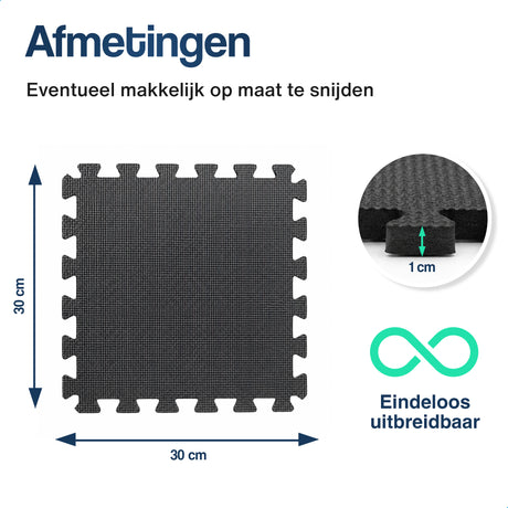 Zwarte puzzelmat met afmetingen 30×30 cm en 1 cm klikrand