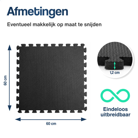 Zwarte puzzelmat tegel van 60 x 60 cm en 1,2 cm dik, uitbreidbaar en snijbaar.