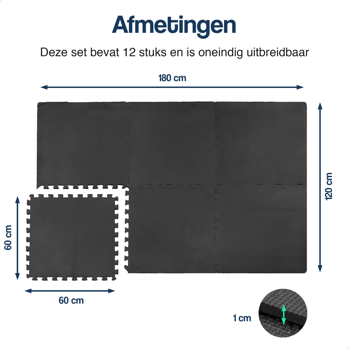 Puzzelmat - 60 x 60 x 1,2 cm - 12 stuks - 4,32 m2