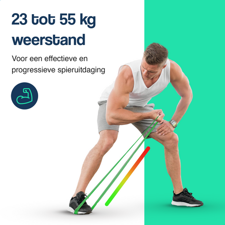 Groene weerstandsband in gebruik, lus om handen en been