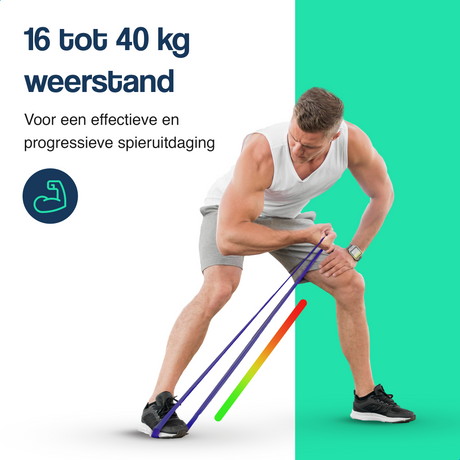 Paarse weerstandsband 16 tot 40 kg, gebruikt bij een beenoefening
