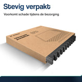 Zwarte puzzelmatten in stevige kartonnen verpakking, beschermd tegen transportschade.