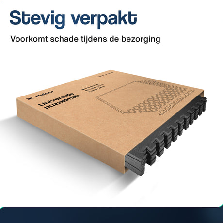 Zwarte puzzelmatten in stevige kartonnen verpakking, beschermd tegen transportschade.