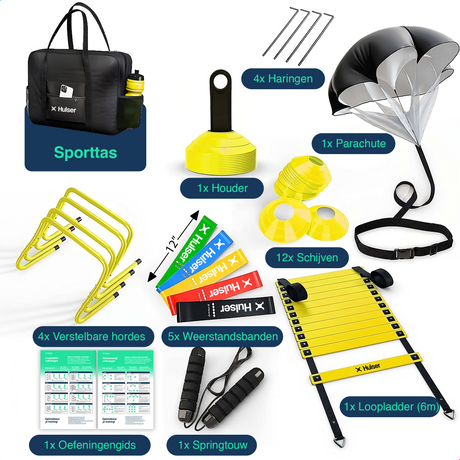 Complete trainingsset met sporttas, horden, weerstandsbanden, parachute en looplader