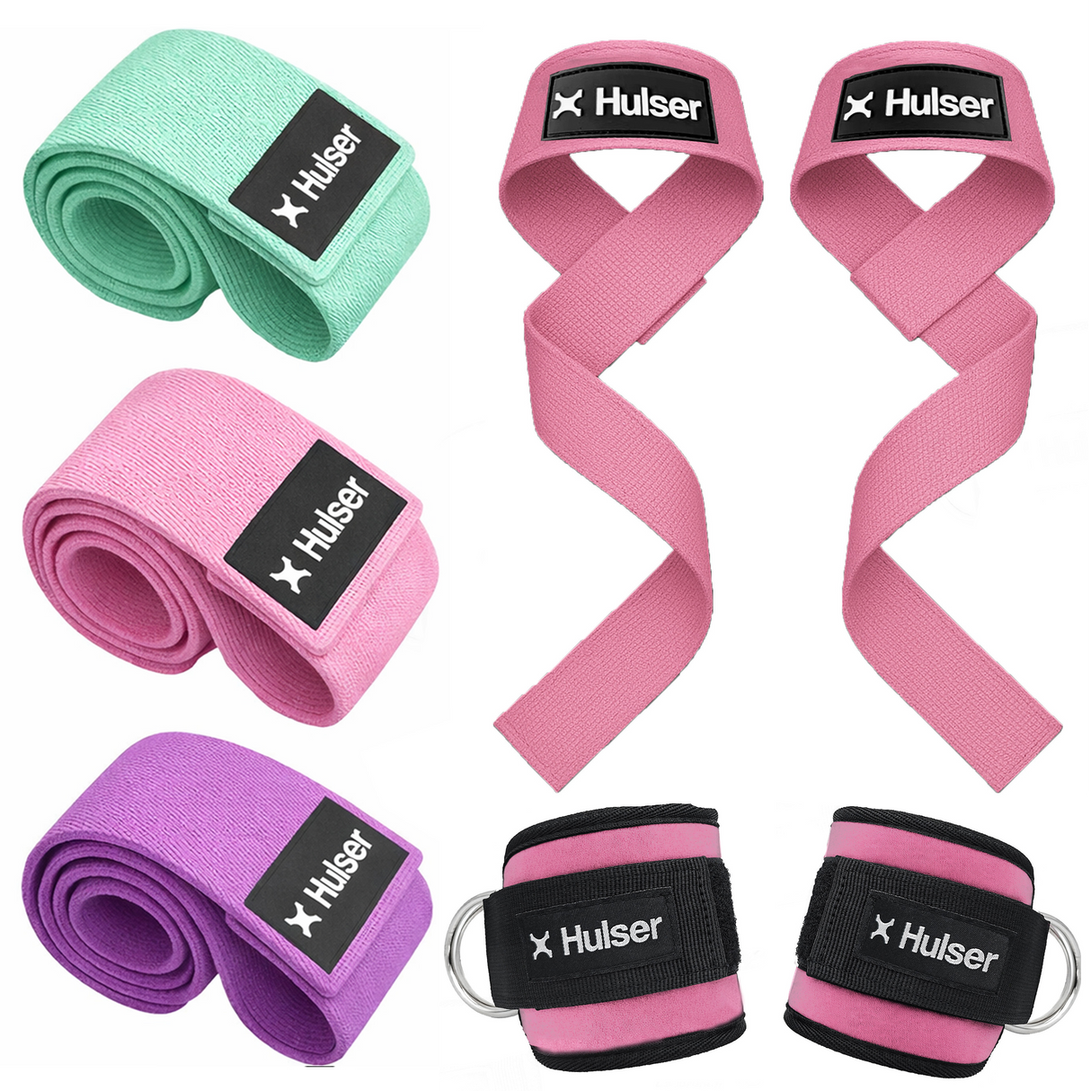 Fitness enkelbanden met lifting straps en weerstandsbanden bundel - Roze