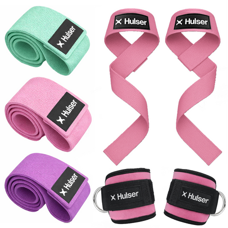 Bundel fitness enkelbanden en lifting straps met D-ringen en weerstandsbanden