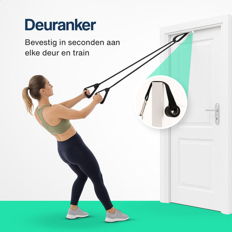 Deuranker voor weerstandsbanden met zwarte bevestigingsriem aan de deur en handgrepen