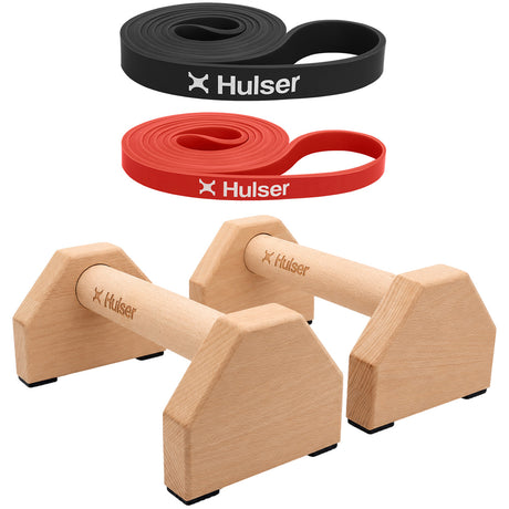 Houten parallettes met twee weerstandsbanden, rode en zwarte set