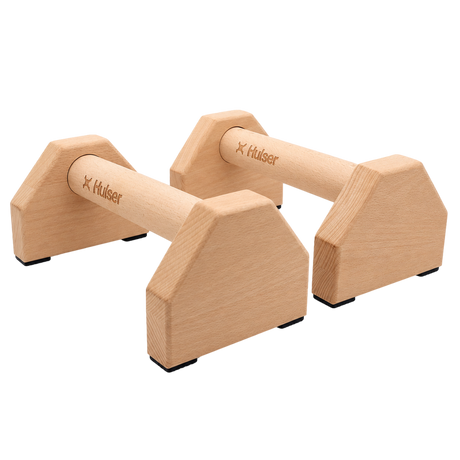Houten parallettes met houten handgrepen en zwarte antislip voetjes (Hulser)