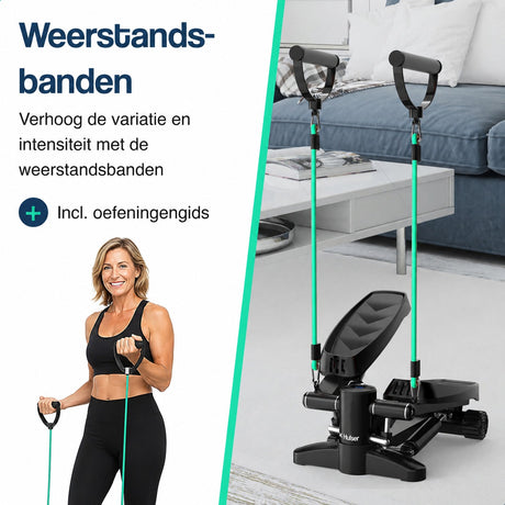 Compacte stepper met weerstandsbanden en display, zwarte uitvoering